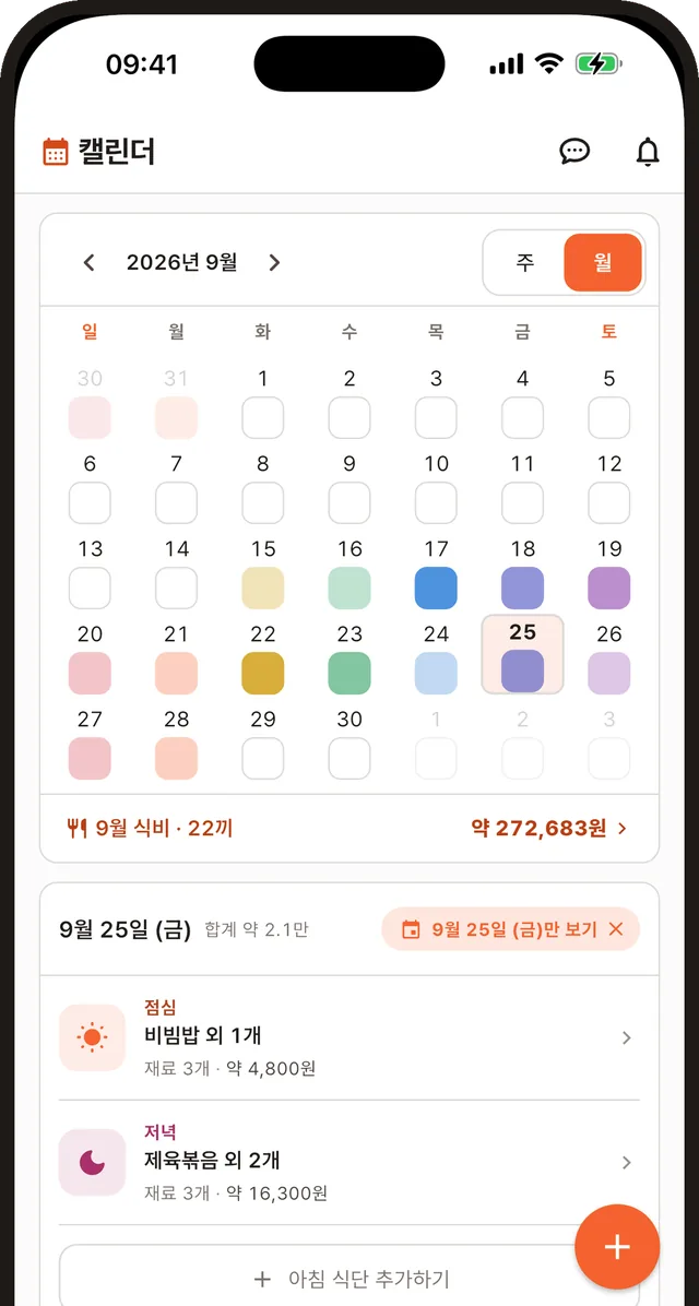 캘린더 월 화면. 2026년 9월 날짜마다 칸이 칠해져 있고 — 색은 요일, 진하기는 그날 기록한 끼니 수다 — 아래에 9월 식비 약 272,683원(22끼)과 고른 날(9월 25일)의 점심 비빔밥 외 1개 약 4,800원 · 저녁 제육볶음 외 2개 약 16,300원이 보인다.